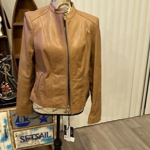 Brand new Tan Cole Haan leather racing jacket for women, size L.